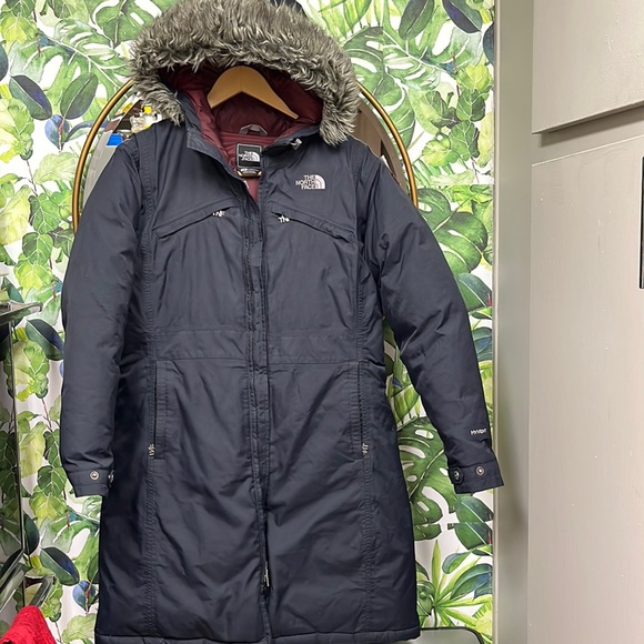 The North Face long down jacket with hoodie size L